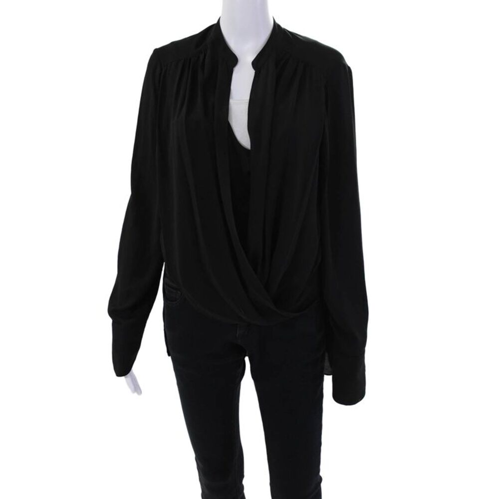 BCBG Max Azria Womens Long Sleeve Wrapped Waist Detail Blouse Black Size L